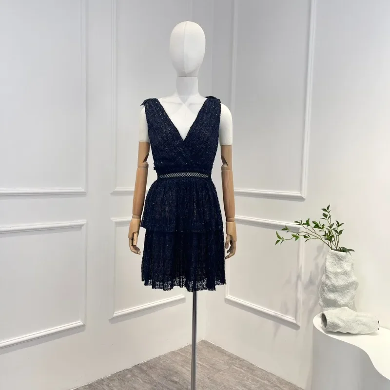 

Темно-синее кружевное мини-платье с рюшами, Новое поступление 2024, винтажная женская одежда высокого качества с вырезами