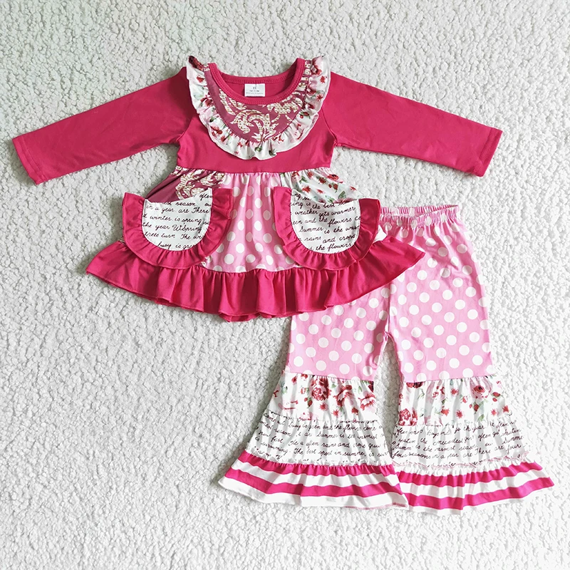 Оптовая продажа, детская одежда для маленьких девочек, комплект туники с длинным рукавом и цветочным принтом, Детская рубашка с карманами и надписью, розовые штаны в горошек с колокольчиками, зимний наряд 
Оптовая продажа, детская одежда для маленьких девочек, комплект туники с длинным рукавом и цветочным принтом, Детская рубашка с карманами и надписью, розовые штаны в горошек с колокольчиками, зимний наряд