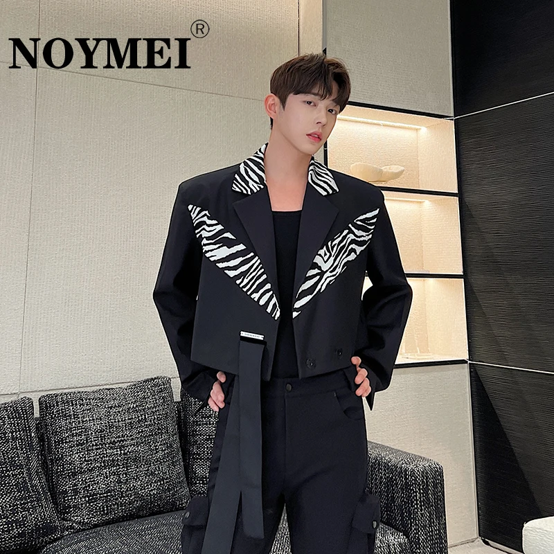 

NOYMEI Zebra-stripe Personalized Short Blazer Ribbon Suit Jacket Black Fashionable Contrast Color Men 2024 Spring Trendy WA1472
