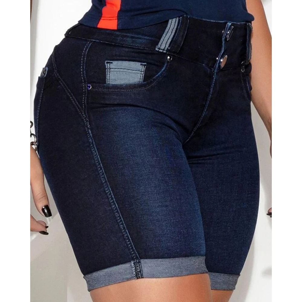

2023 Summer Women Contrast Paneled Pocket Design Denim Casual Cuffed Shorts High Waist Skinny Hot Pants Fashion Wear Holiday