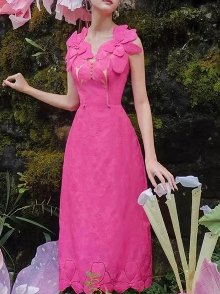 

Женское жаккардовое платье с цветочной вышивкой, розово-Красное Облегающее длинное платье без рукавов, одежда для лета 2023
