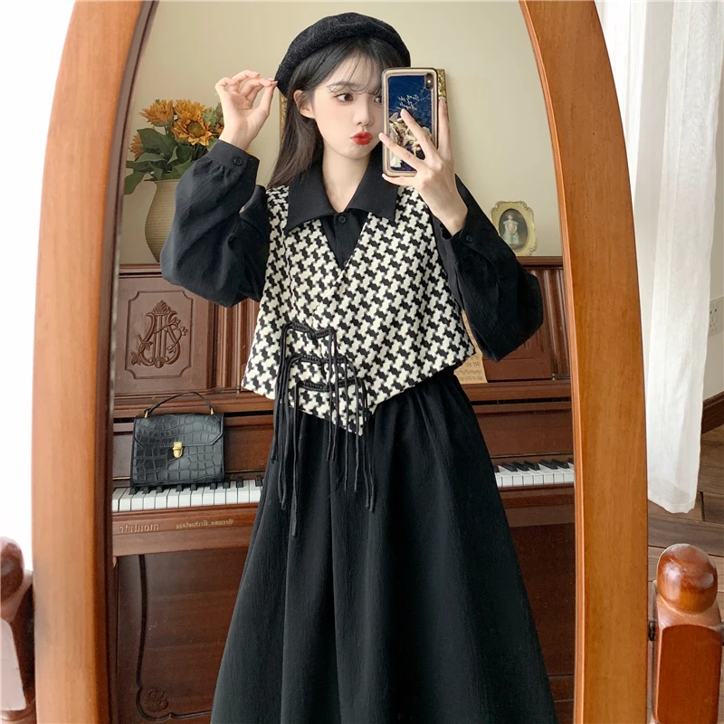 

LKSK Large Size Dress Early Spring New Chubby Mm Belly Covering Skirt Vest Set Women's Flesh Covering Slimming Long Skirt