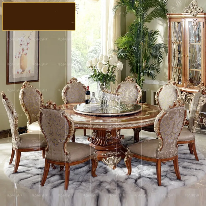 

Custom European-style carved wooden dining tables and chairs Italy luxury villa restaurant with turntable