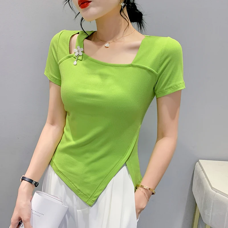 2023 New Summer European Clothes Cotton T-Shirt Women's Chic Sexy Square Neck Hollow Out Irregular Tops Short Sleeve Tees 35004
2023 New Summer European Clothes Cotton T-Shirt Women's Chic Sexy Square Neck Hollow Out Irregular Tops Short Sleeve Tees 35004