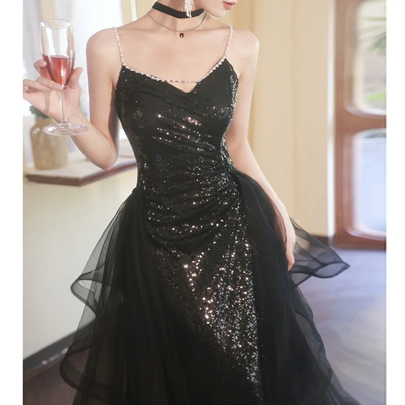 

2024 new women's black sequin suspender evening dress, small group light luxury, high-end elegant temperament banquet dress