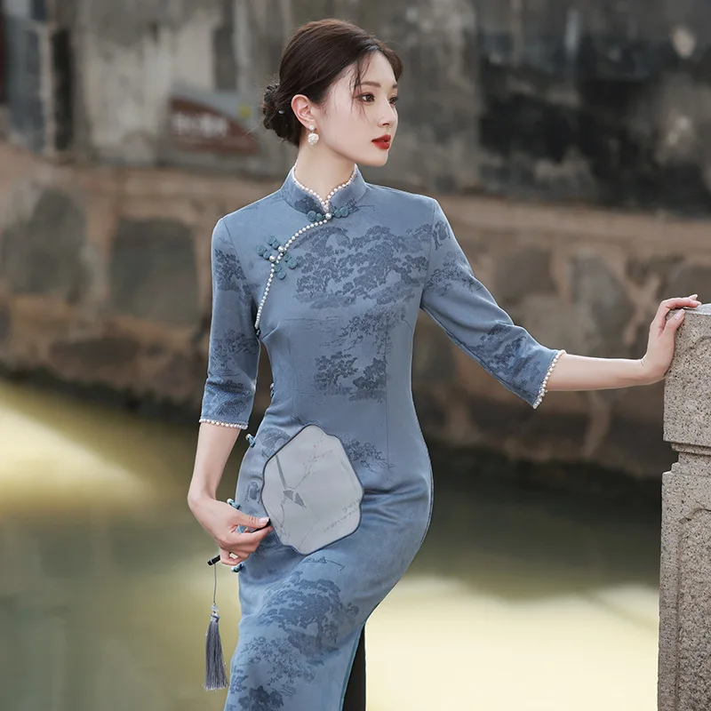 

Yourqipao Autumn Suede Carved Ink Blue Long Cheongsam Catwalk Retro Fashion Qipao Chinese Style Evening Dress for Women Party