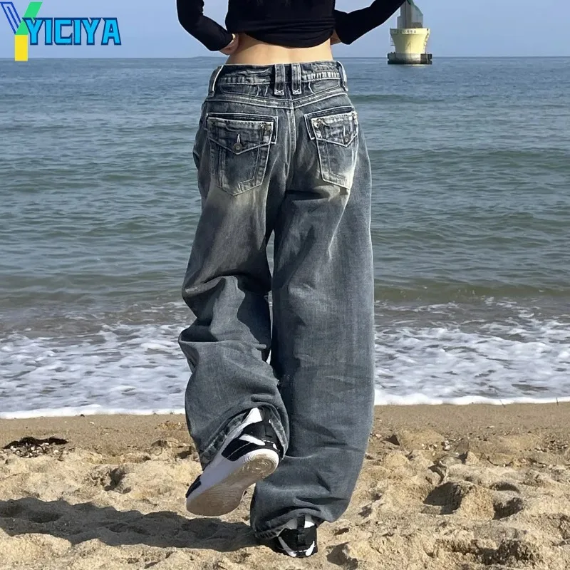 

YICIYA High Waisted Jeans Woman High Street Vintage Washed and Distressed Baggy Jean Women Casual Wide Leg Women pants Trousers