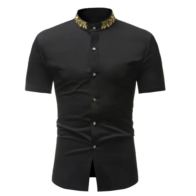 

Mens Hipster Gold Embroidery Dress Shirts Stylish Mandarin Collar Short Sleeve Shirt Men Work Business Casual Social Shirt Male