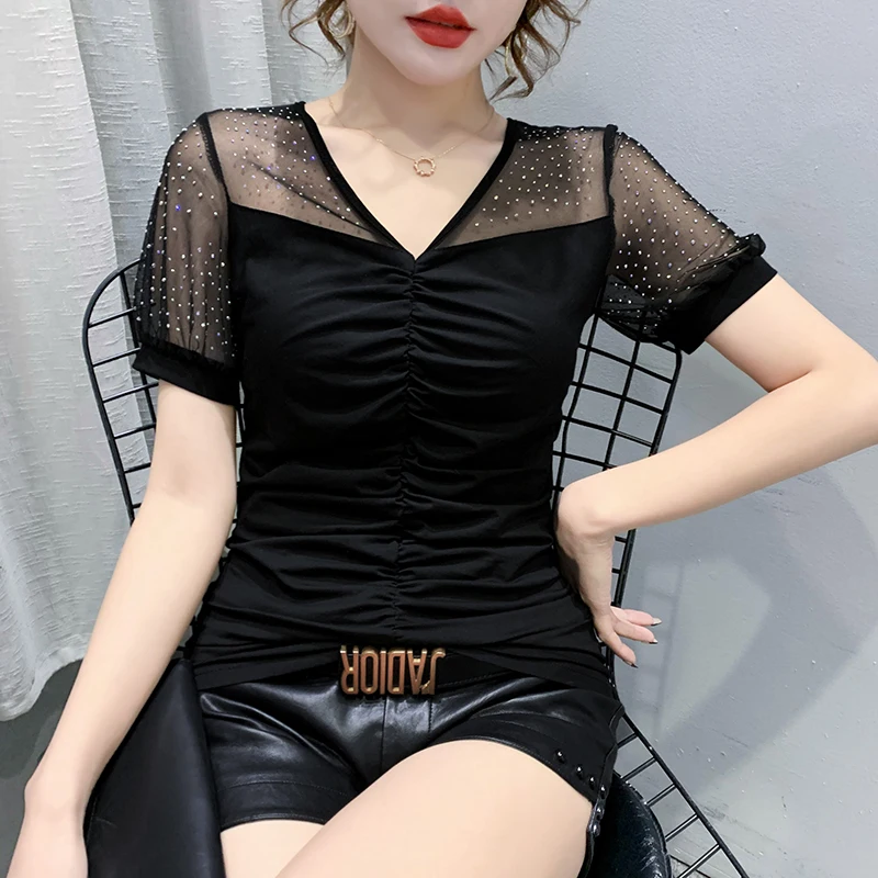 Summer European Clothes T-Shirt Sexy V-Neck Drape Patchwork Mesh Diamonds Women Tops Short Sleeve Hand Made Drilling Tees 9264
Summer European Clothes T-Shirt Sexy V-Neck Drape Patchwork Mesh Diamonds Women Tops Short Sleeve Hand Made Drilling Tees 9264