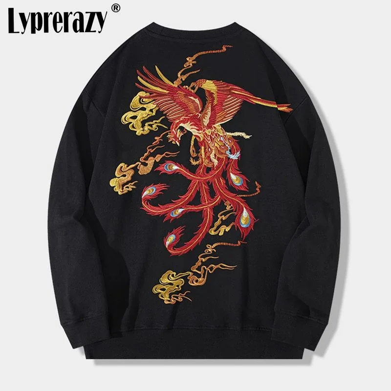 

Lyprerazy New Chinese Style Phoenix embroidery Men Sweatshirts Autumn Winter Cotton Loose Couple's National Tide Pullove