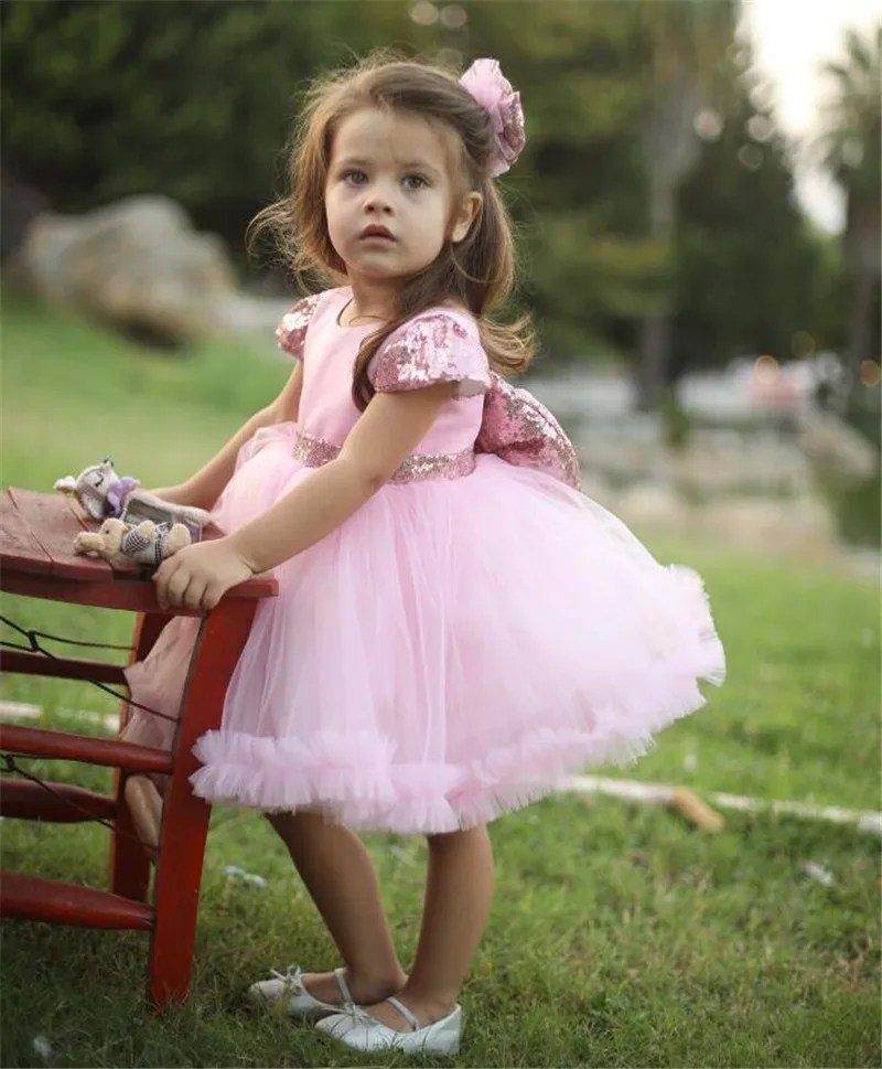 

12M 18M 24M Pink Baby Girl Dress with Big Sequined Bow Birthday Dress Tutu Gown Flower Girl Wedding Party Dress Communion Gown