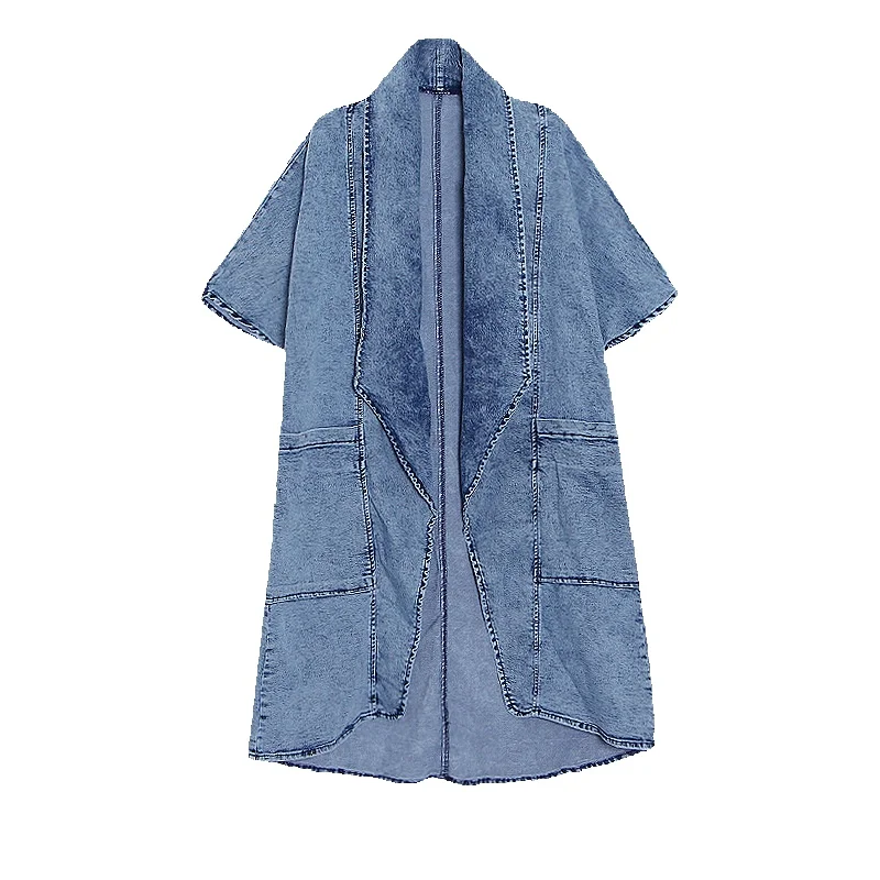 

2024 Autumn Fashion New Casual Niche Design With Irregular Hem, Solid Color Long Denim Trench Coat For Women
