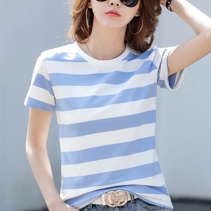 Summer wide striped short sleeve T-shirt women's loose cotton summer 2023 new crewneck women's top t shirt women
Summer wide striped short sleeve T-shirt women's loose cotton summer 2023 new crewneck women's top t shirt women