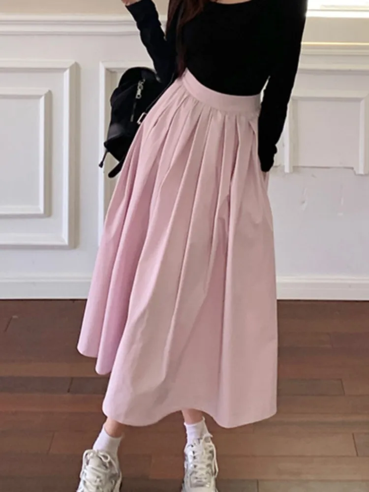 

Женская плиссированная юбка с завышенной талией, розовая однотонная Повседневная Свободная трапециевидная юбка с широким подолом, лето 2024
