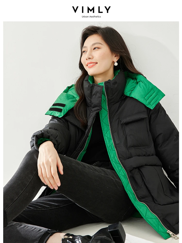 

Vimly Duck Down Puffer Jacket for Women 2023 Fashion Green Linning High Neck Detachable Hood Winter Female Warm Down Coat 50312