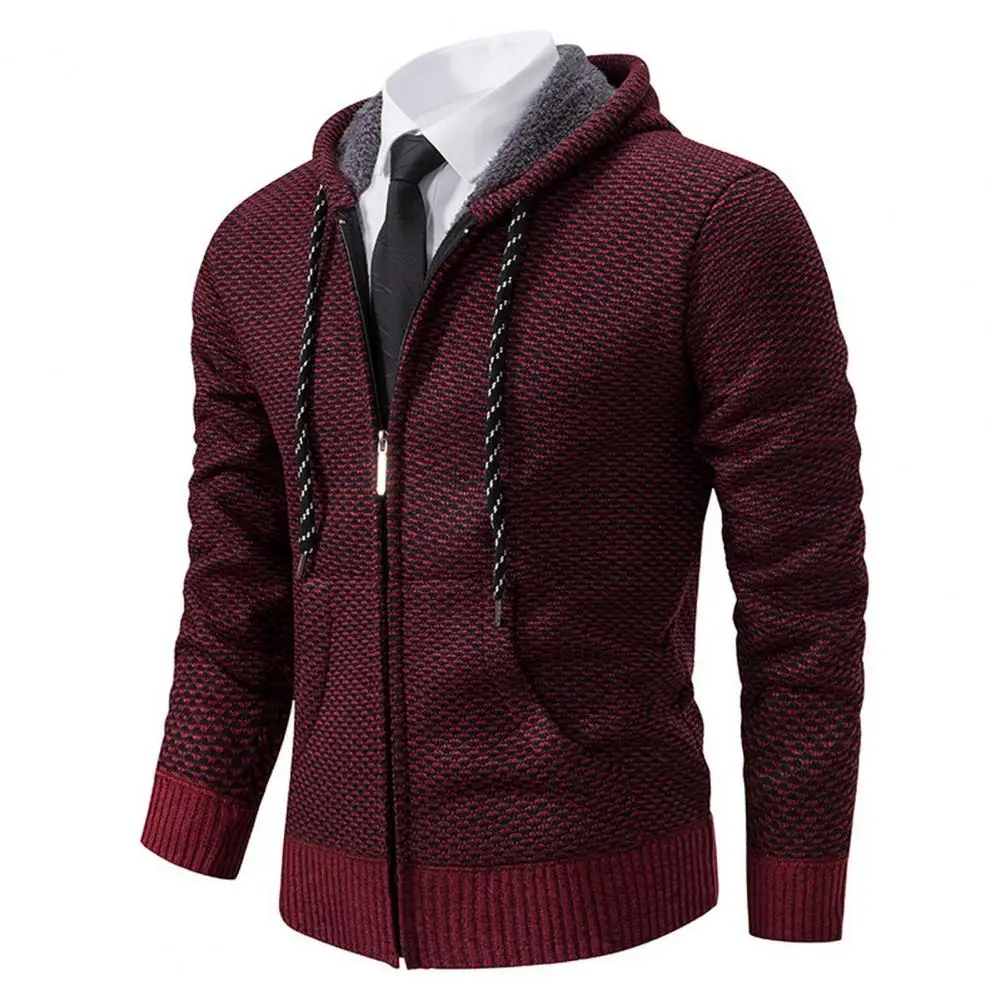 

Versatile Men Knit Jacket Men's Cozy Hooded Cardigans with Plush Lining Zipper Placket Pockets for Casual Autumn Winter Knitwear