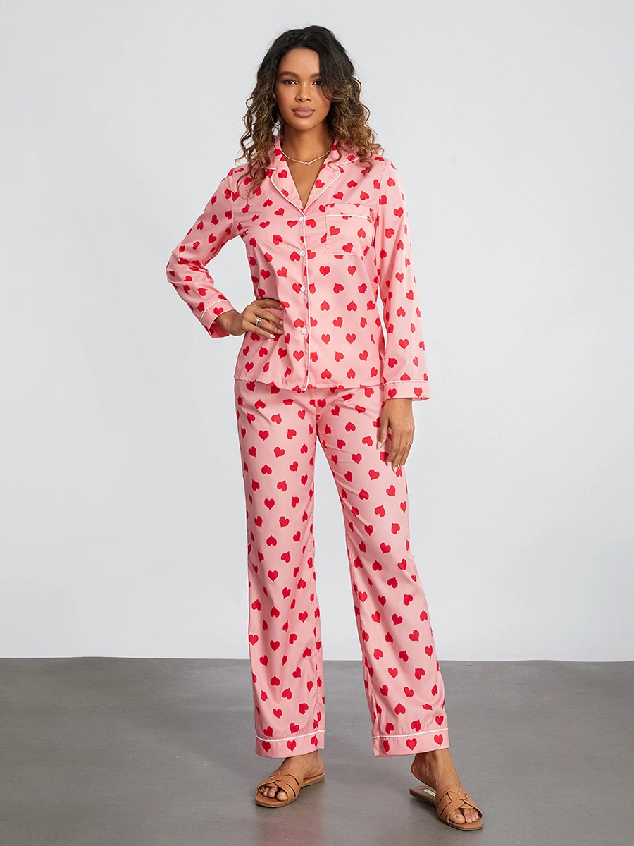 

Womens Pajama Sets Cotton Pj Set Cute Heart Print Long Sleeve Button Closure Tops with Pants Sleepwear Loungewear