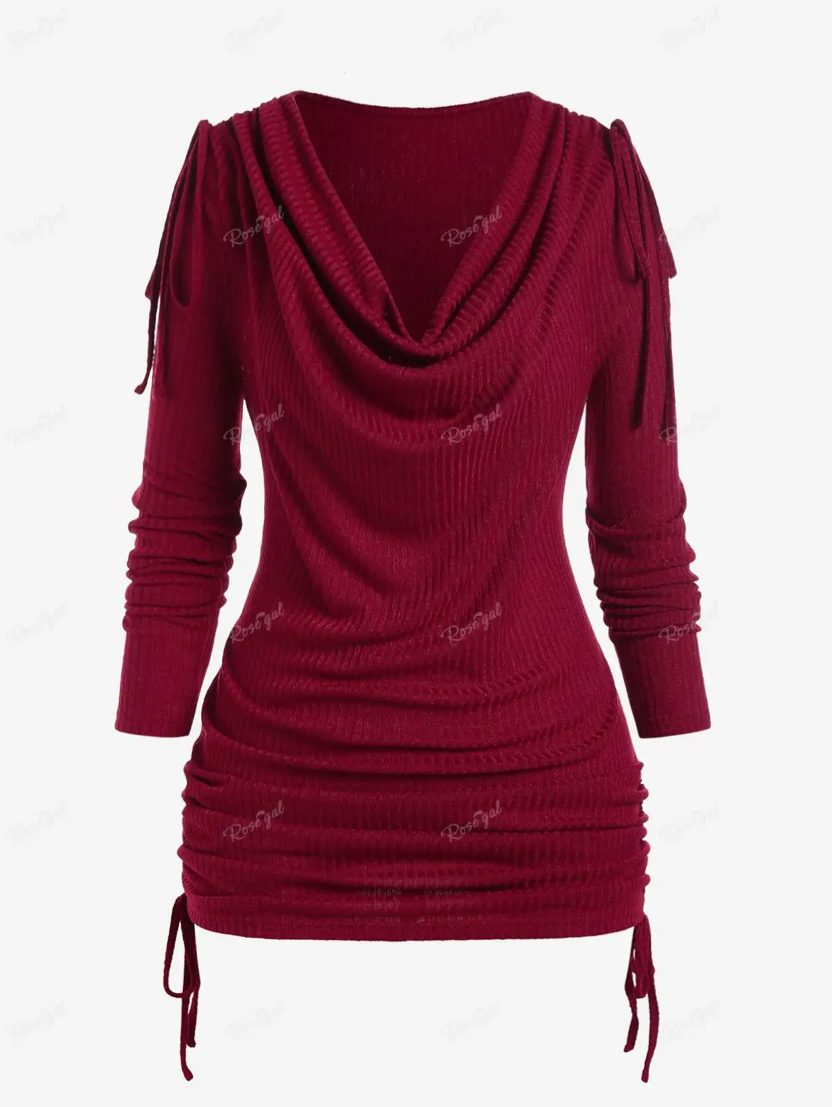 

ROSEGAL Plus Size Cowl Neck Rib-knit Cinched Ruched T-Shirt Deep Red Long Sleeve Knitted Top New Fashion Women's Tees