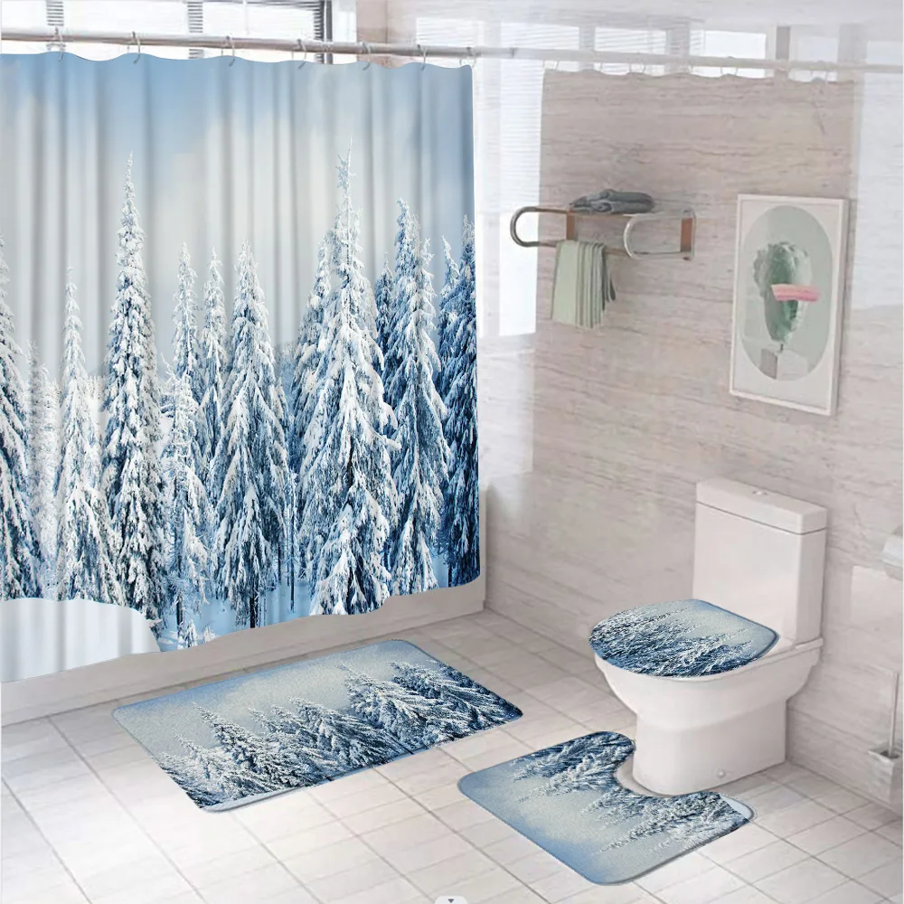 

Forest Winter Scenery Shower Curtain Set Christmas Mountain Scenery Snow Covered Tree Flannel Bath Mat Bathroom Rug Toilet Cover
