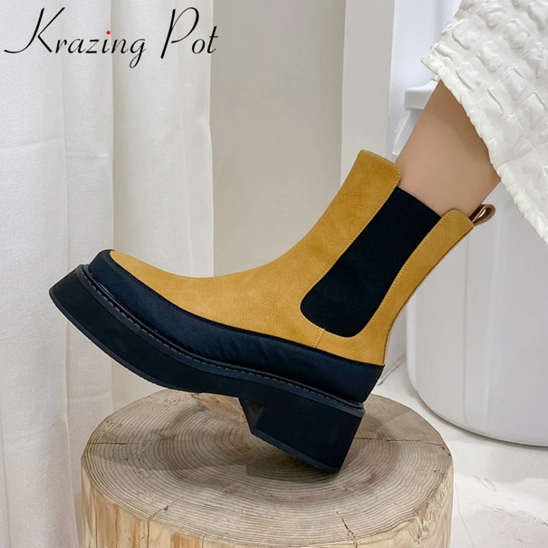 Krazing Pot Brand Classics Cow Leather Mixed Colors Motorcycles Chelsea Boots Med Heels Warm Winter Platform Casual Ankle Boots 
Krazing Pot Brand Classics Cow Leather Mixed Colors Motorcycles Chelsea Boots Med Heels Warm Winter Platform Casual Ankle Boots
