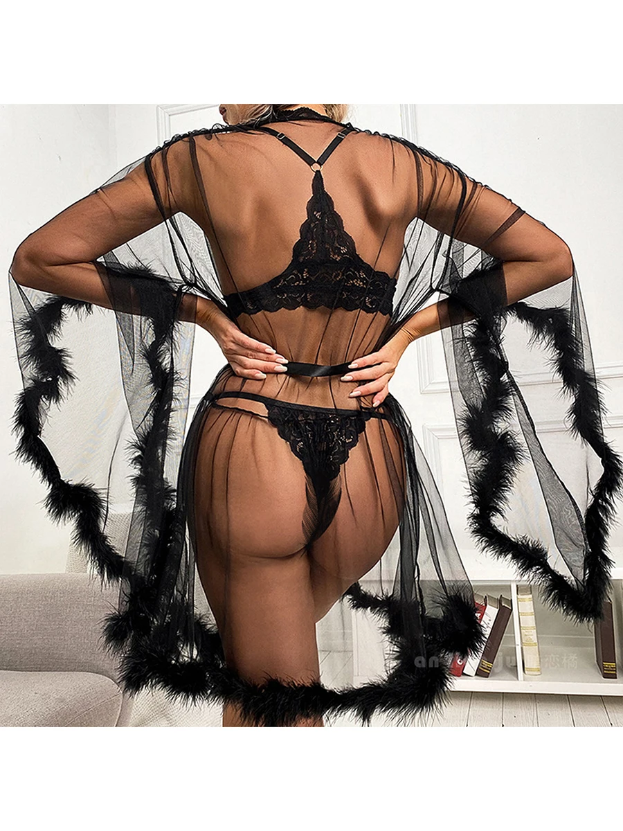 

Robes for women Tulle robe Short Feather Robe Sexy Sheer Mesh Fur Bridal Illusion Boudoir Bathrobe Nightgown