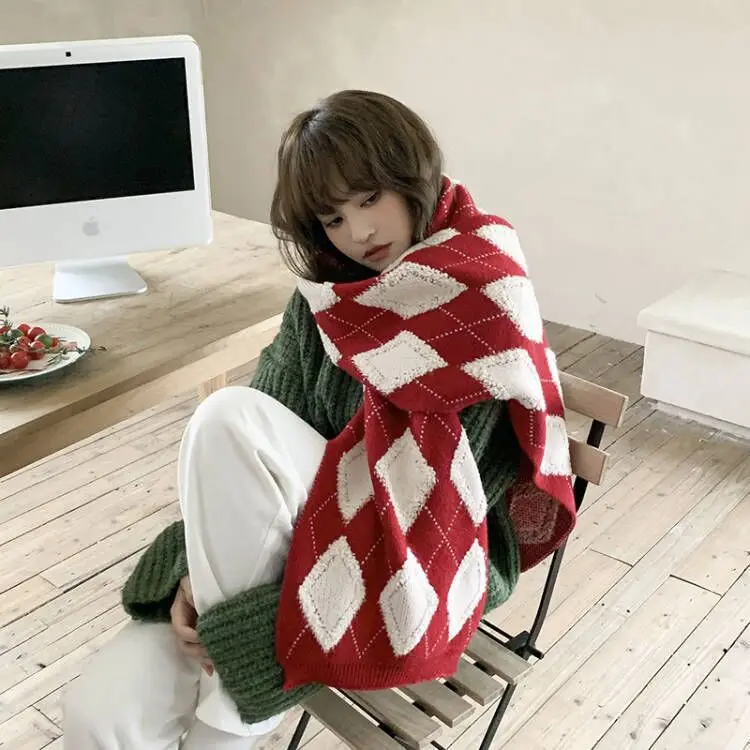 

Winter Knitted 2023 Warm Neckerchief Scarf Women Fashion Plaid Bufanda Design Woolen Yarn Shawl Wraps Foulard 22*170cm