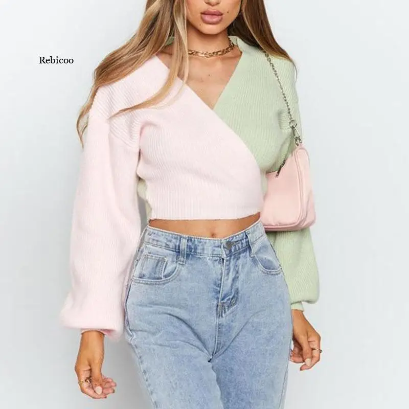 2022 Spring Summer Women Knitwear Sweaters Contrast Patchwork Cross Tied Long Latern Sleeves Loose Knitted Sweater Pullover
2022 Spring Summer Women Knitwear Sweaters Contrast Patchwork Cross Tied Long Latern Sleeves Loose Knitted Sweater Pullover