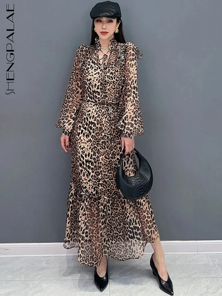 

SHENGPALAE 2024 Spring Summer New Dresses Chiffon Printed Leopard Pattern Spliced Long Sleeved Ruffle Edge Elegant Dress 5R9651