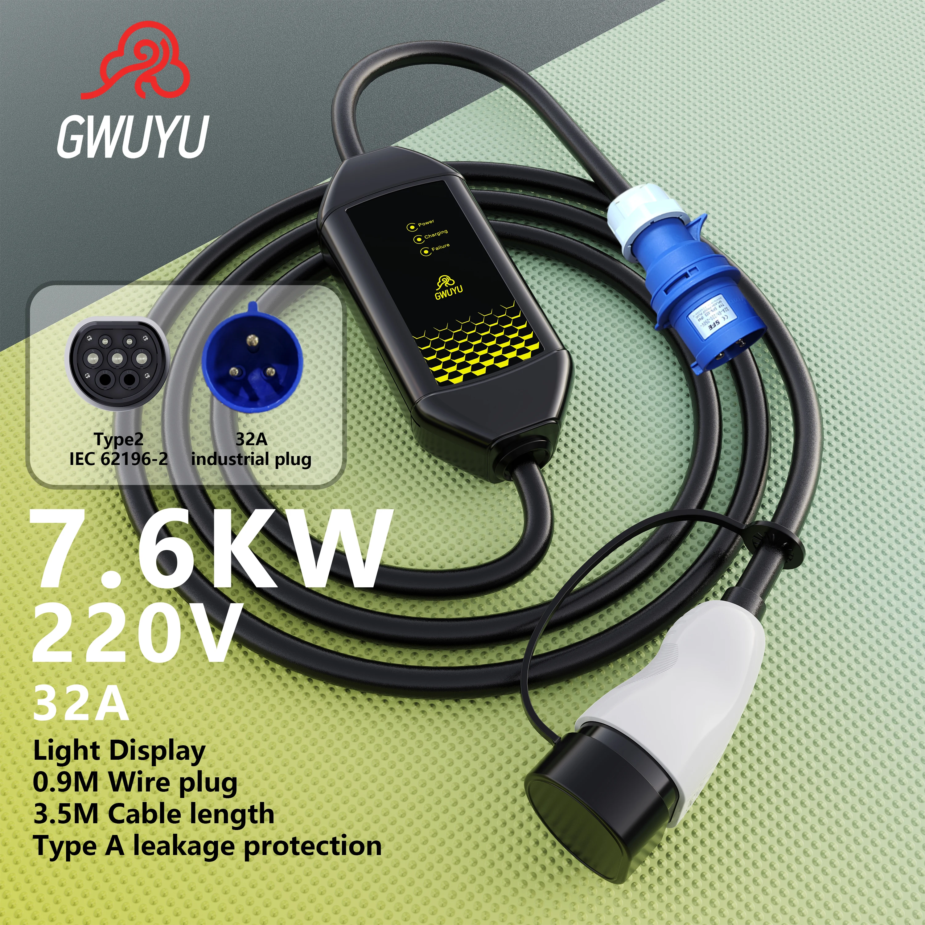 GWUYU M62 EV Portable Charger Indicator Light 3.5KW 16A 7.6KW 32A 220V Type 2 3.5m Cable Wallbox for Adult Electric Vehicle Car
GWUYU M62 EV Portable Charger Indicator Light 3.5KW 16A 7.6KW 32A 220V Type 2 3.5m Cable Wallbox for Adult Electric Vehicle Car