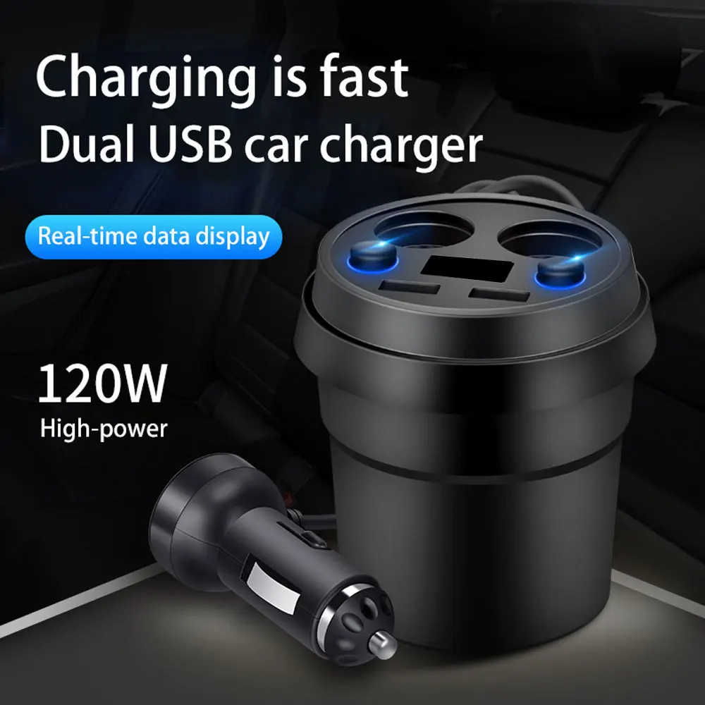 

1Pc Black Car Charger Cup Holder Dual Cigarette Lighter Sockets Power Adapter with LED Dual USB Ports Car Interior Accessories