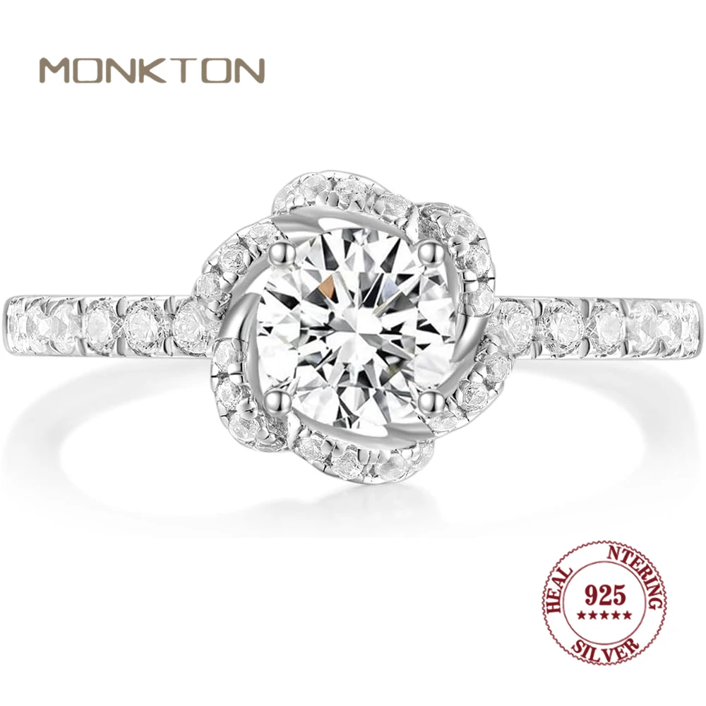 

Monkton 0.8CT 925 Sterling Silver Round Cut Flower Half Eternity Zirconia Rings For Women Wedding Band Engagement Promise Rings