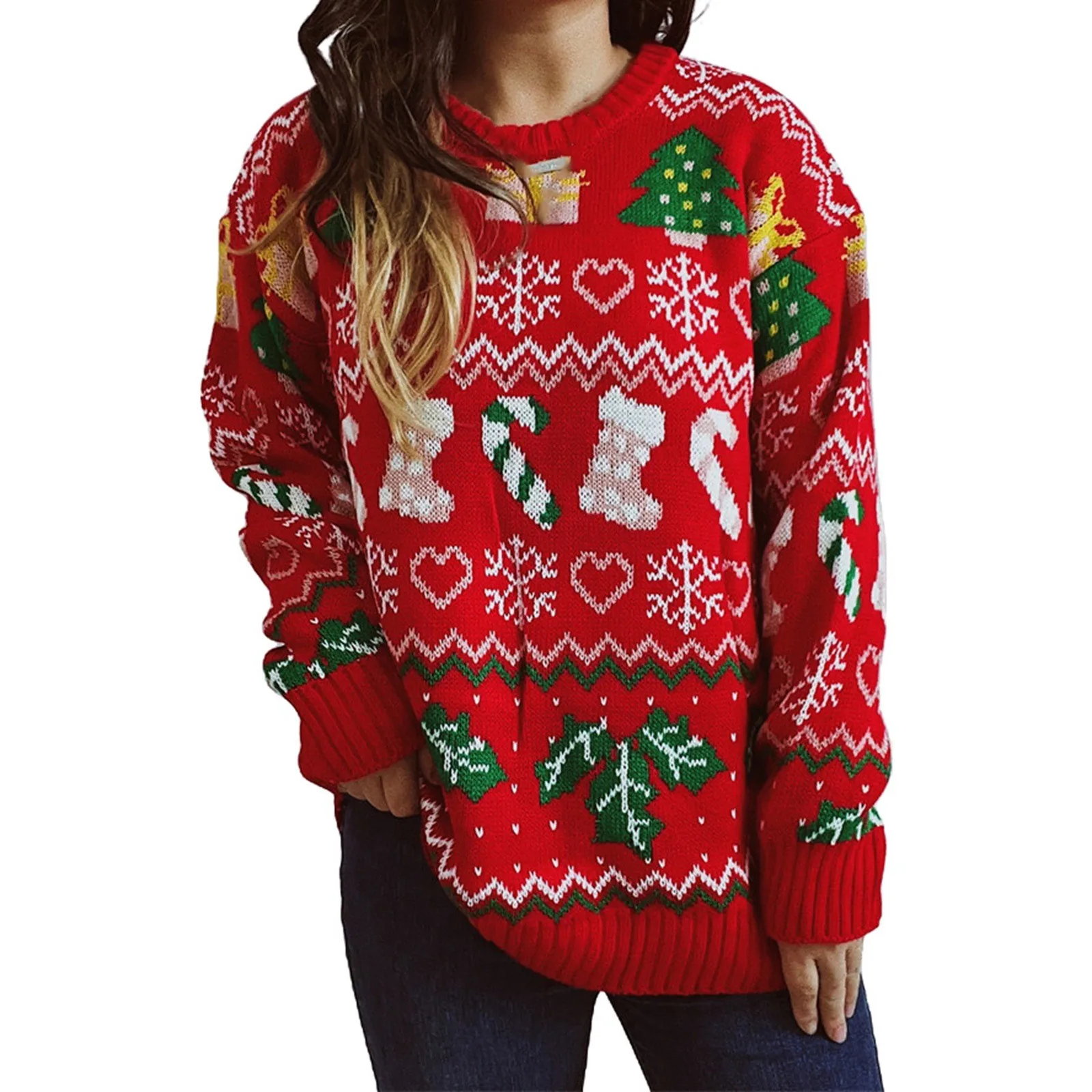 

Womens Ugly Fashion Christmas Sweater Christmas Socks Snowflake Knitwear Loose Round Neck Long Sleeve Sweater Clutch Hoodie Band