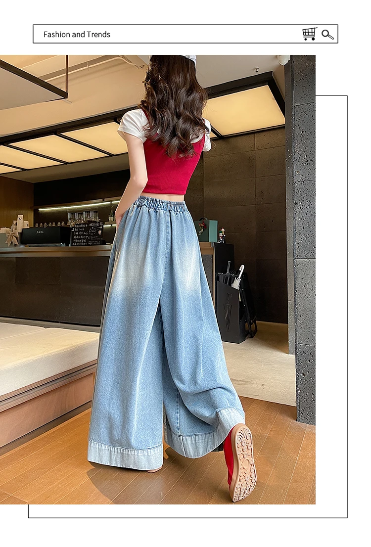 Summer Vintage Womens Loose Denim Wide Leg Pants Ladies Casual Elastic Waist Jeans Oversized Trousers Summer Vintage Womens Loose Denim Wide Leg Pants Ladies Casual Elastic Waist Jeans Oversized Trousers