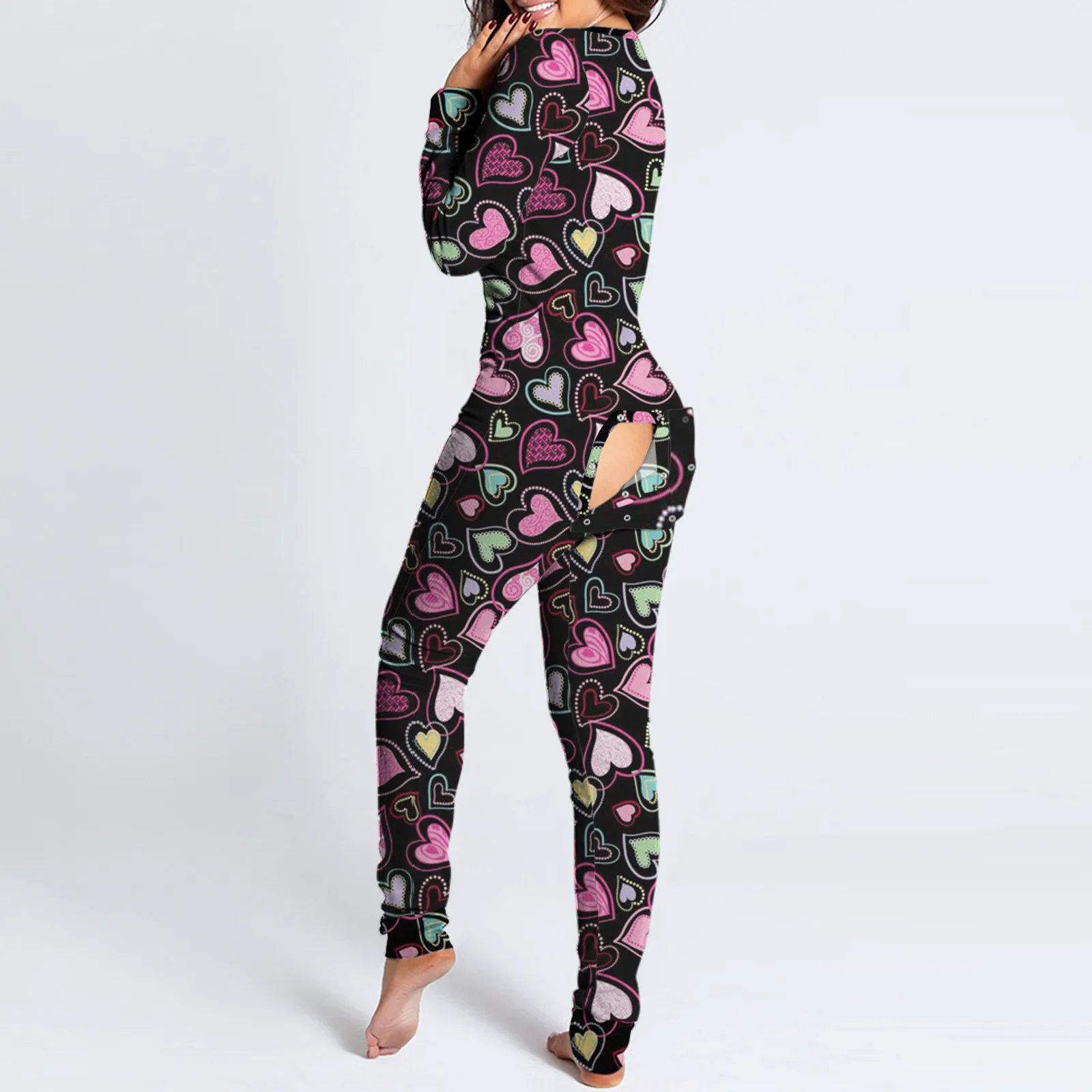 

Valentine's Day Print Sexy Pajama Women V-neck Long Sleeve Onesies Butt Buttoned Flap Long Jumpsuits Romper Overalls Nightwear