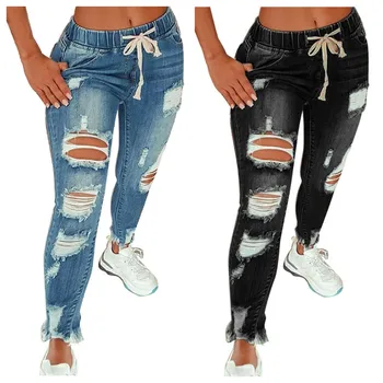 Jeans Blue Flared de Cintura Alta: Um Essencial Elegante e Confortável 7 2022 Hot Sale Women Ripped Elastic Waist Jeans Fashion Slim High Stretch Denim Pencil Pants Large Size Trousers S-5XL Drop Ship