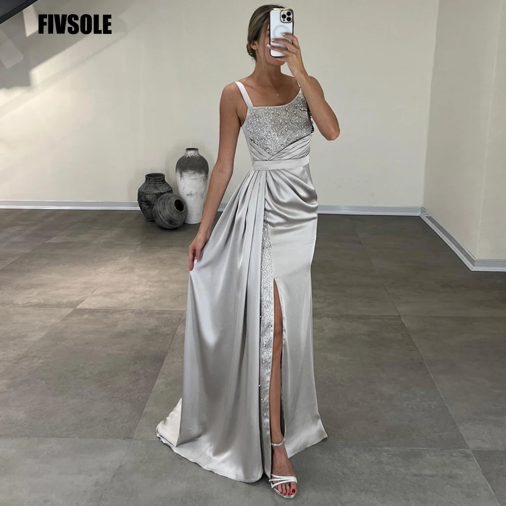 

Fivsole Long Silver Mermaid Evening Dresses Spaghetti Straps Crystals Formal Event Gowns Prom Dress Side Split Vestidos De Noche