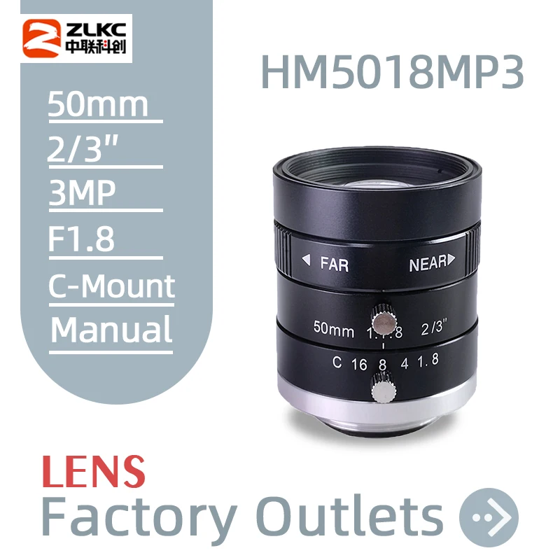 

ZLKC 50 mm Fixed Focal Length 3MP 2/3 Inch Aperture F1.8 Mabual Iris C Mount Machine Vision FA Camera For CCTV Lens 3.0Megapixel