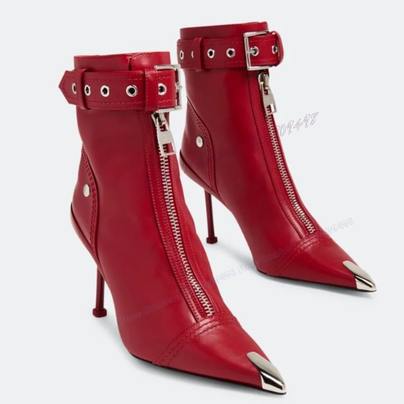 Red Buckle Strap Zipper Decor Ankle Boots Matte Leather Pointy Toe Shoes for Women Thin High Heel Shoes 2023 Zapatos Para Mujere 
Red Buckle Strap Zipper Decor Ankle Boots Matte Leather Pointy Toe Shoes for Women Thin High Heel Shoes 2023 Zapatos Para Mujere