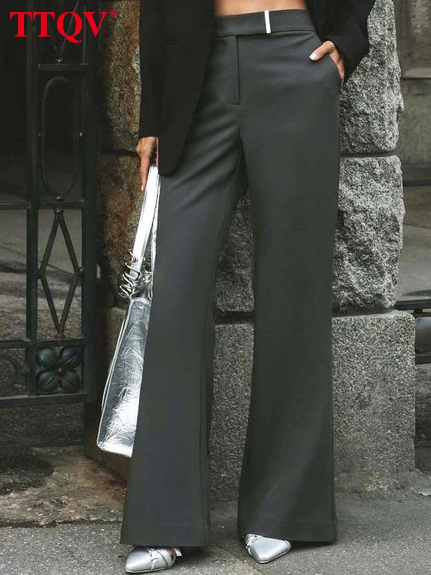 

TTQV Elegant New Grey Simple Women Pants Fashion High Waisted Solid Trousers Office Lady Casual Wide Leg Pants Female Clothing