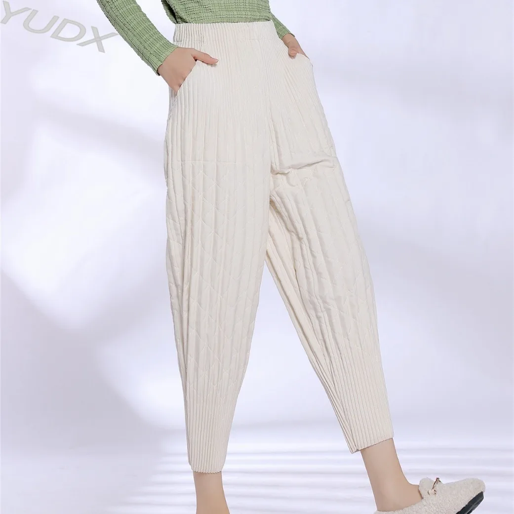 

Miyake Pleated Women's Cotton Pants Solid Color Haren Pants 2023 Autumn Winter Simple Hundred High Waist Slim Nine Minute Pants