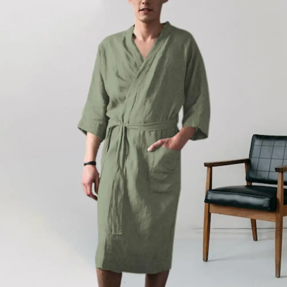 

Ночная сорочка мужская Всесезонная с V-образным вырезом, кардиган на шнуровке, банный халат с рукавами три четверти и карманами, мягкая впитывающая ткань для комфорта