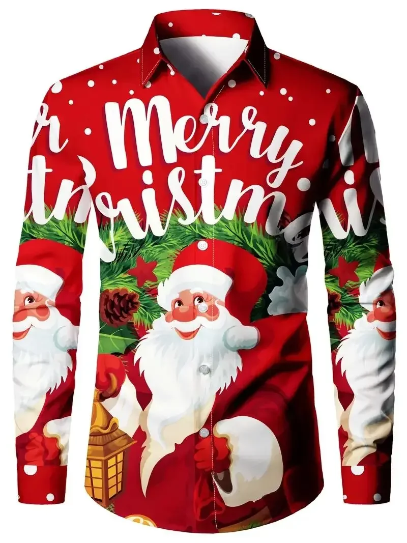 

Classy Button-Down Men's Shirt with Cozy Long Sleeves, Festive Santa Claus Print for Winter Men Clothing Men Dress Shirt