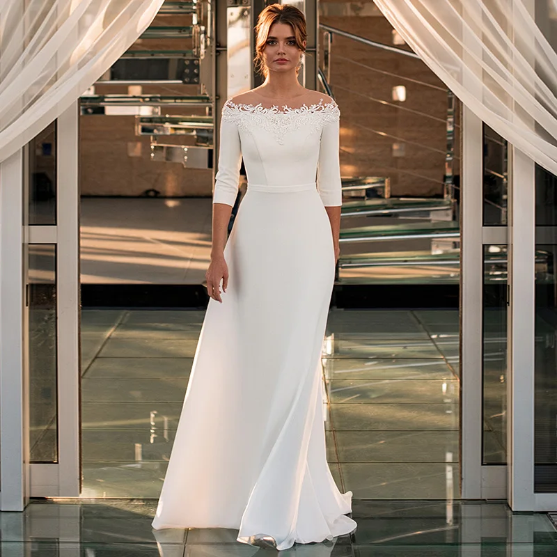 

Женское свадебное платье до пола It's yiiya, белое атласное платье А-силуэта с круглым вырезом, рукавами 3/4 и кружевной аппликацией на молнии сзади на лето 2024