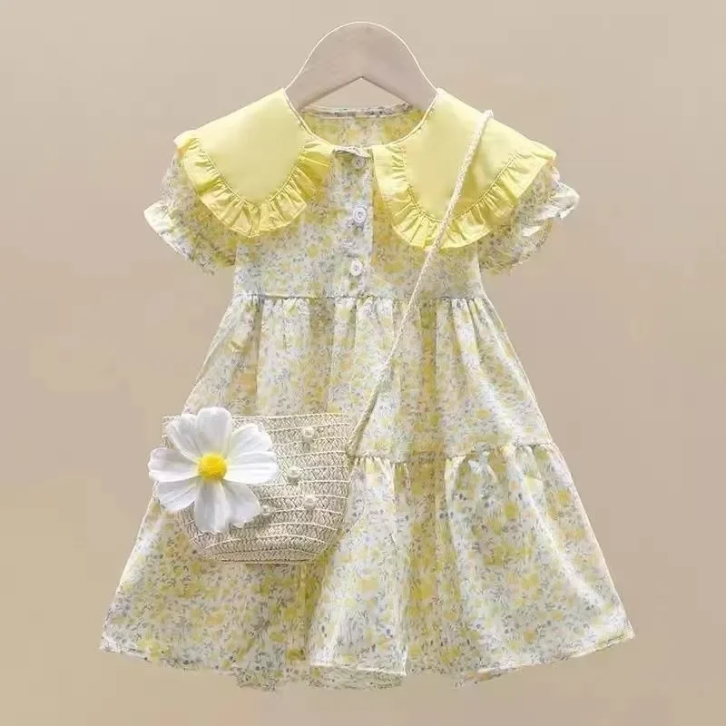 

Summer Yellow Floral Lolita Child Little Girls Clothing Casual Midi Dress Children Dresses For Teens Party Princess Sundress