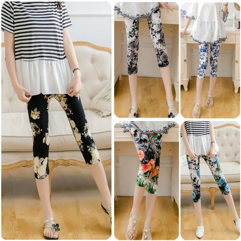 

Summer cropped legings women's flowers graffiti print leggings large size high waist elastic loose breeches 3/4 pants trouser