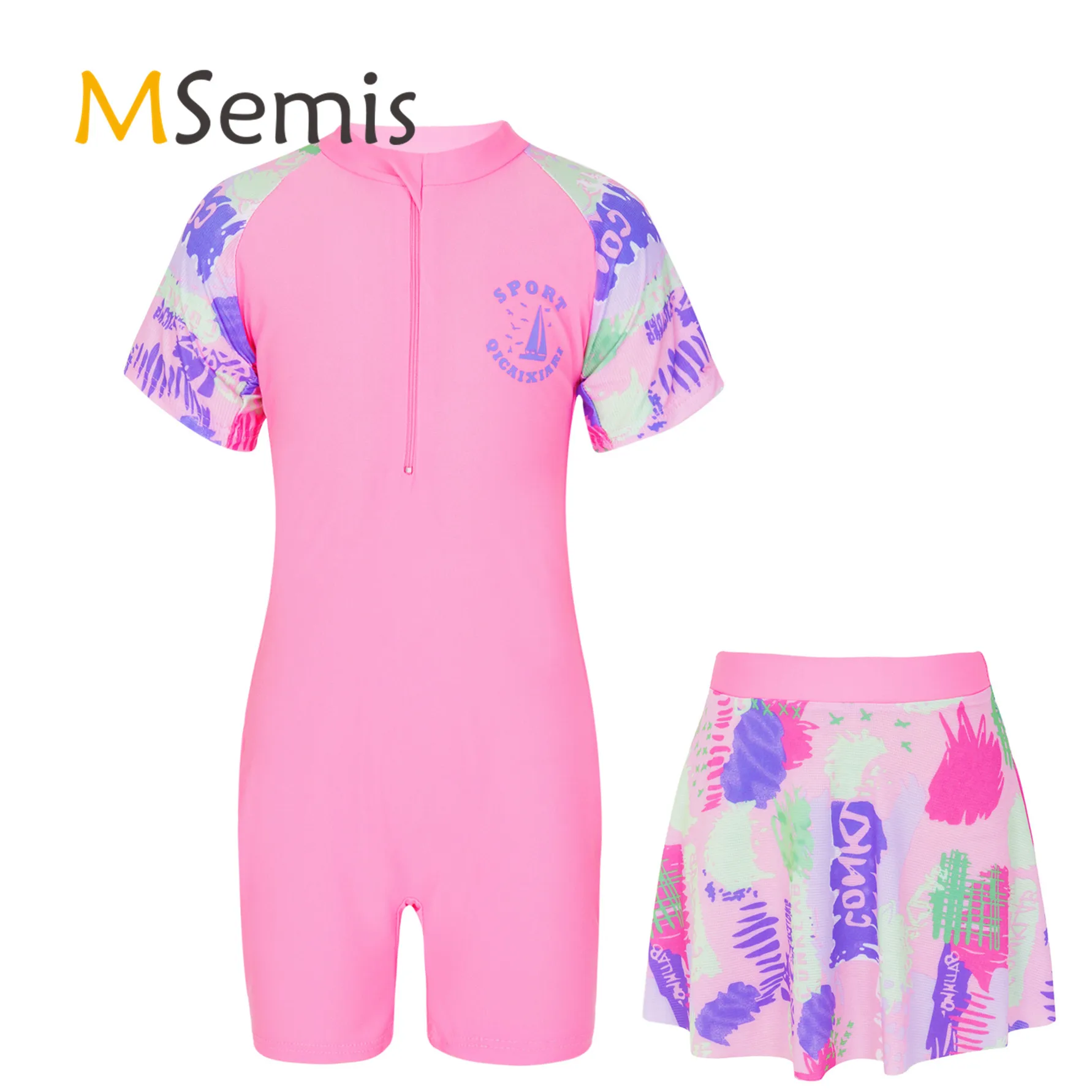 Kids Girls Swimsuit Short Sleeve Front Zipper Closure Cartoon Graffiti Print Short Swimming Jumpsuit with Skirt Beach Swimwear
Kids Girls Swimsuit Short Sleeve Front Zipper Closure Cartoon Graffiti Print Short Swimming Jumpsuit with Skirt Beach Swimwear