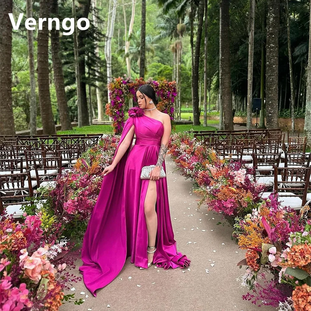 

Verngo Pink Satin Prom Gowns One Shoulder A Line Evening Dress For Women Sexy Side Slit Dress For Formal Occasion