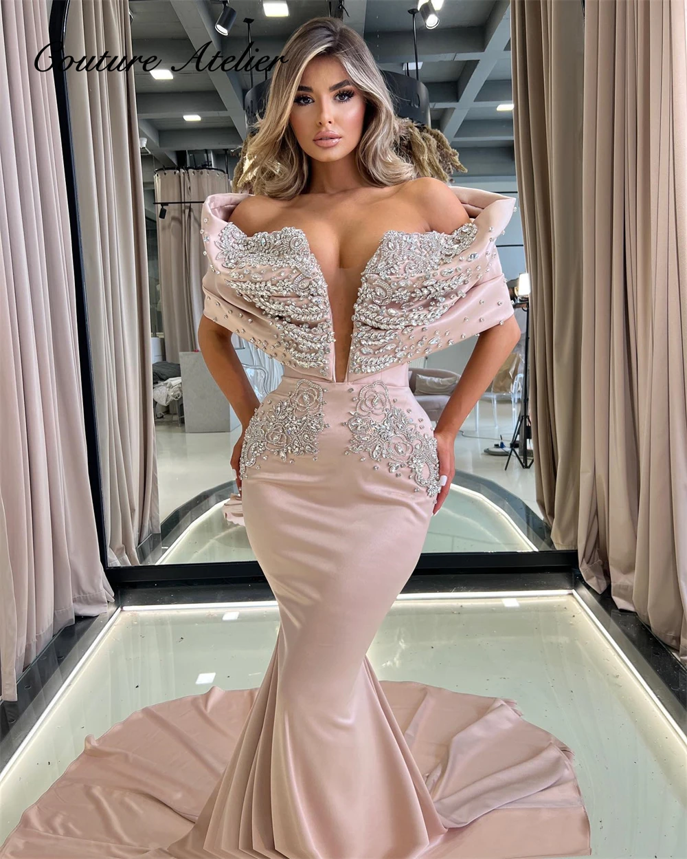 

Baby Pink Luxious Off The Shoulder Crystals Saudi Arabia Evening Dresses For Dubai Formal Dress Mermaid Wedding Party Gown robe