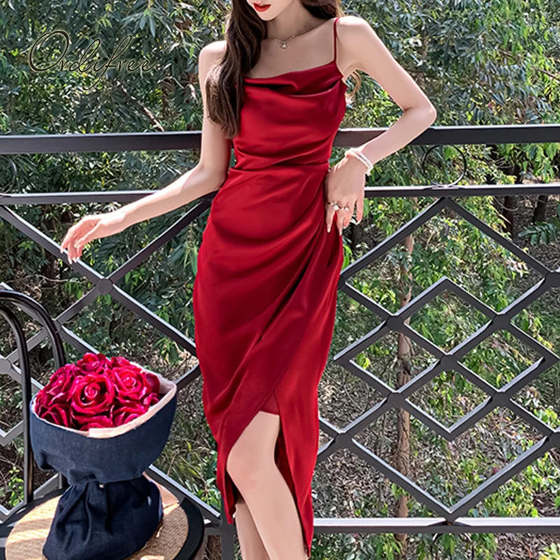 

Ordifree 2022 Summer Women Red Party Dress Side Slit Sleeveless Backless White Burgundy Sexy Satin Slip Dress