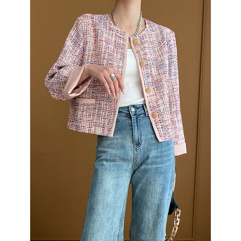Spring Women Pink Short Tweed Coat Round Neck Plaid Single Breasted Long Sleeve Elegant Jacket
Spring Women Pink Short Tweed Coat Round Neck Plaid Single Breasted Long Sleeve Elegant Jacket